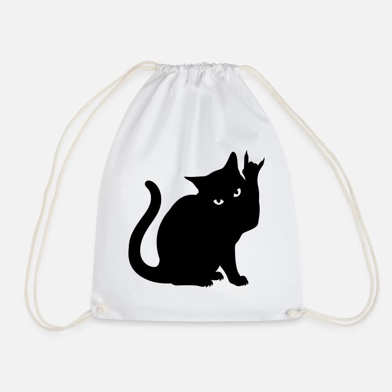Black Cat – Devil Horns Silhouette - Drawstring Bag - white