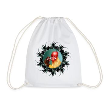 Rooster with hen and chicks in feather frame - Drawstring Bag - white - Front