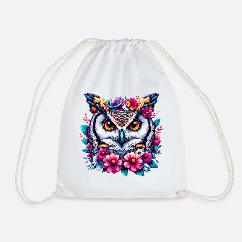 Owl decorated with flowers - Drawstring Bag - white
