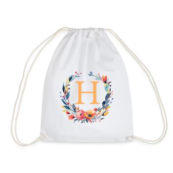 H Monogramm, Blumen-Kranz, personalisierbar - Turnbeutel - Weiß - Vorne