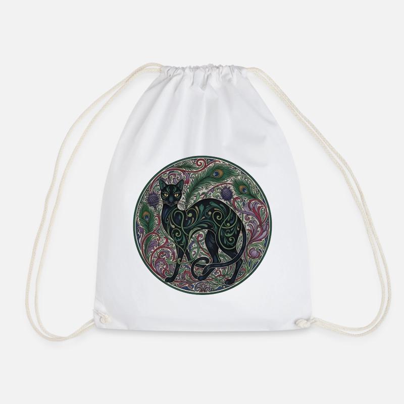 Interwoven Night Cat Ornamental Circle - Drawstring Bag - white