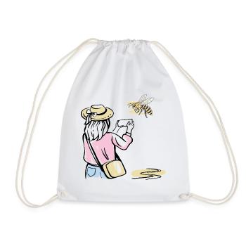 Girl photographing bee - Drawstring Bag - white - Front