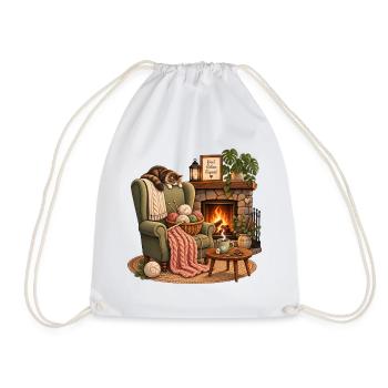 Cuddly knitting time by the fireplace knitting handmade - Drawstring Bag - white - Front