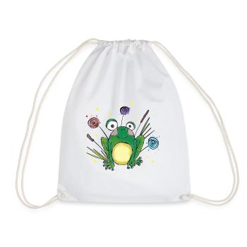 Cute Little Frog in the Grass – Cartoon Design - Drawstring Bag - white - Front