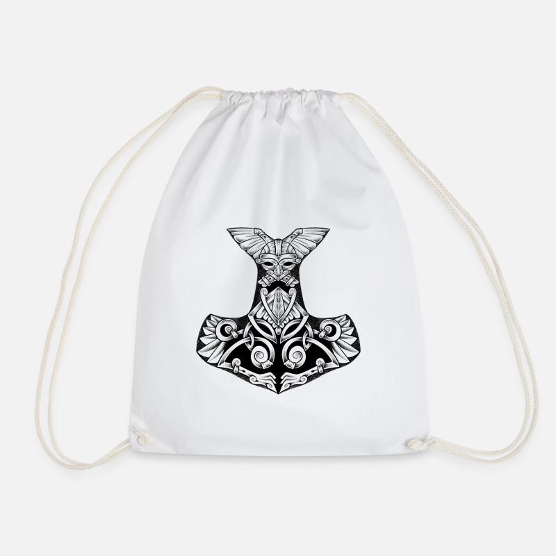 Mjollnir, legendary Viking hammer dotwork tattoo - Drawstring Bag - white