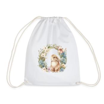 Rabbit flower wreath - Drawstring Bag - white - Front