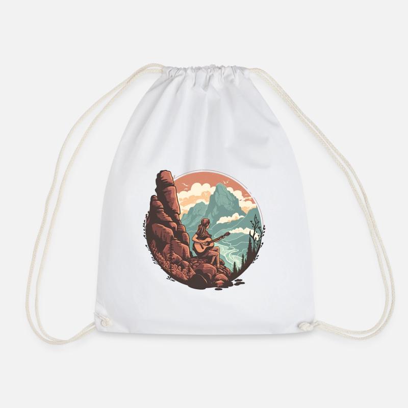 Serene Mountain Guitar Scene - Drawstring Bag - white