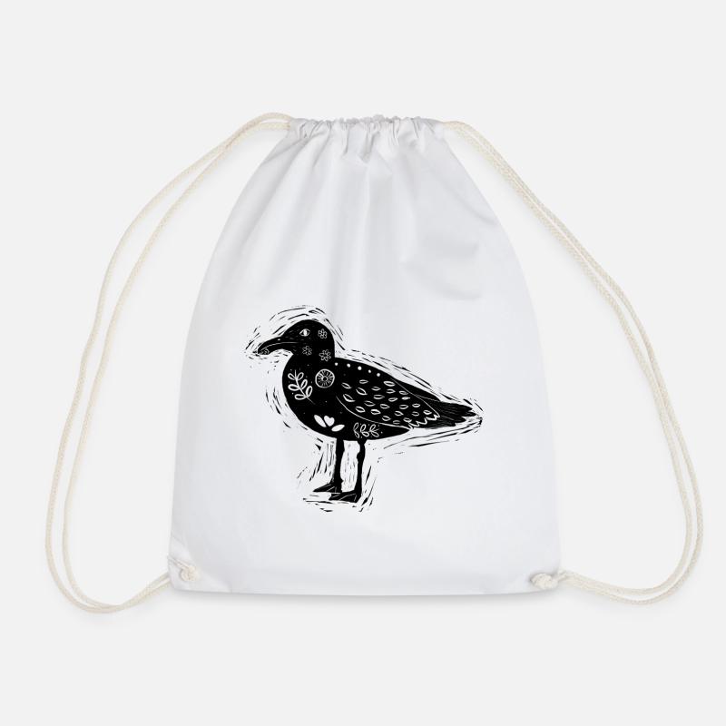 Seagull block print style. Black - Drawstring Bag - white