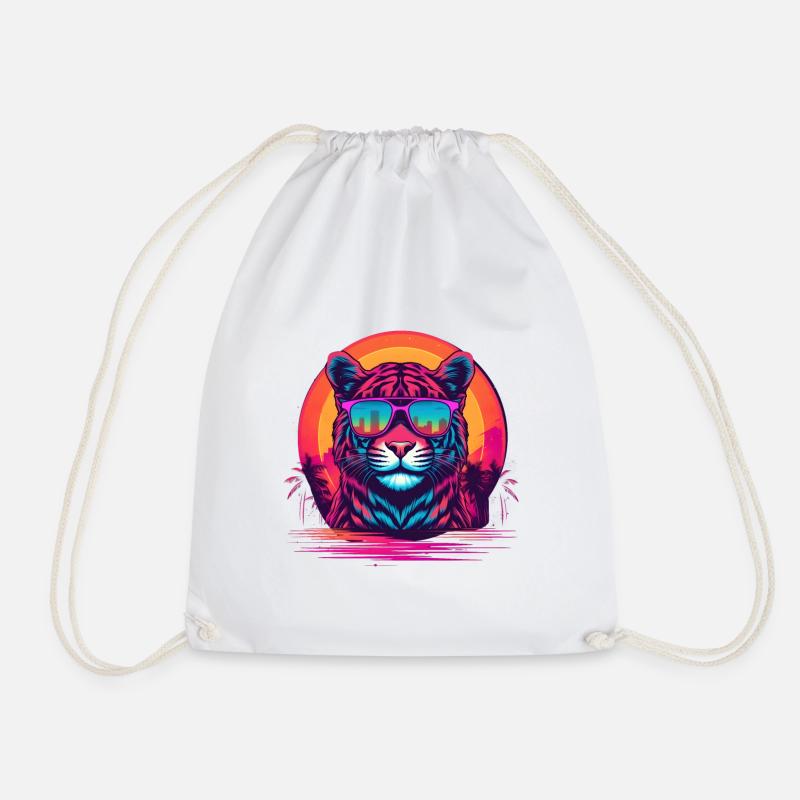 Synthwave Tiger Sunset - Drawstring Bag - white