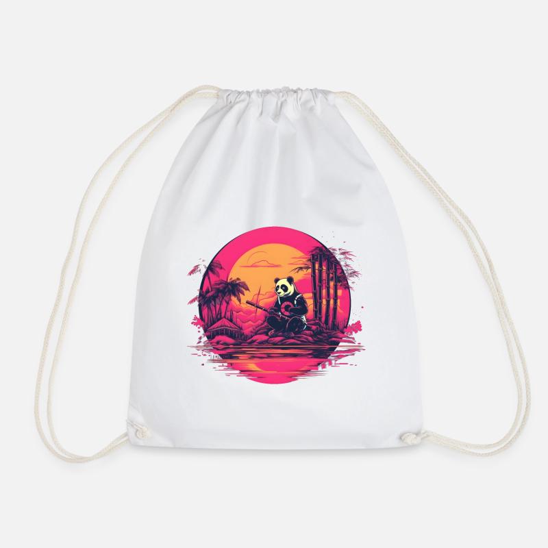Synthwave Panda Japan Sunset - Drawstring Bag - white