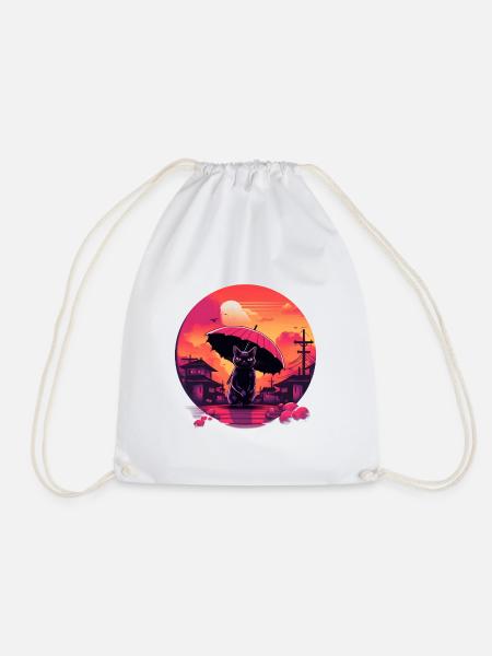 Synthwave japan Cat with umbrella - Drawstring Bag - white