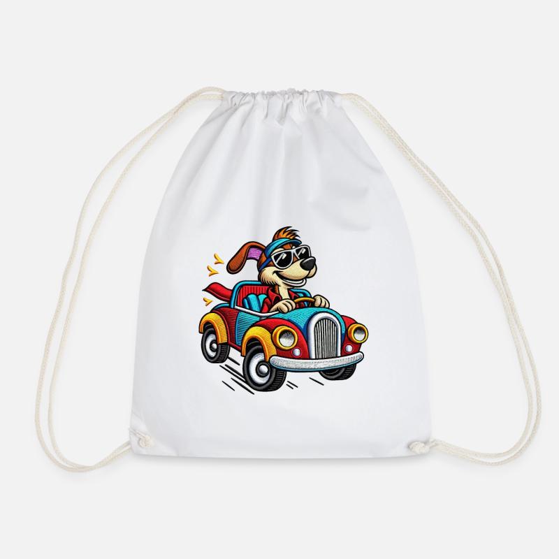 Speedy Pup in Colorful Car Tee - Drawstring Bag - white