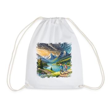 Children on bicycles in mountain landscape - Drawstring Bag - white - Front