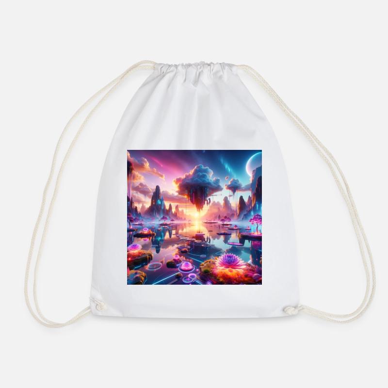 Surreal Dreamscape: Neon Waters - Drawstring Bag - white