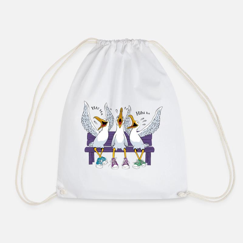 Seagulls on Beach Bench - Drawstring Bag - white