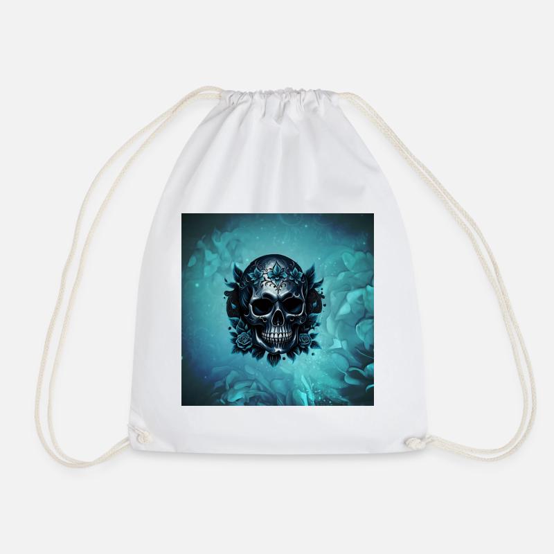 Dark blue skull with roses - Drawstring Bag - white