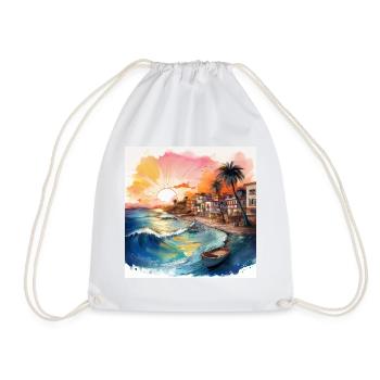 Vibrant Coastal Sunset Scene with Boats and Waves - Drawstring Bag - white - Front