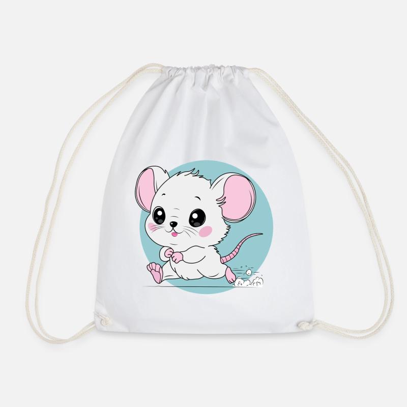 Funny Cartoon Running Mouse Art - Cheese Lover - Drawstring Bag - white