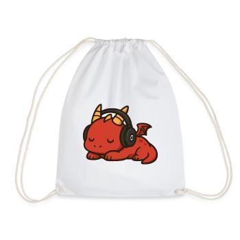 Cute Cartoon Red Dragon Sleeping with Headphones - Drawstring Bag - white - Front