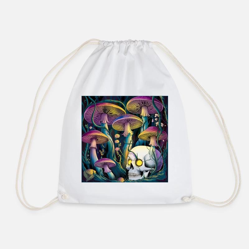 Neon Gothic Mushroom Skull Illustration - Drawstring Bag - white