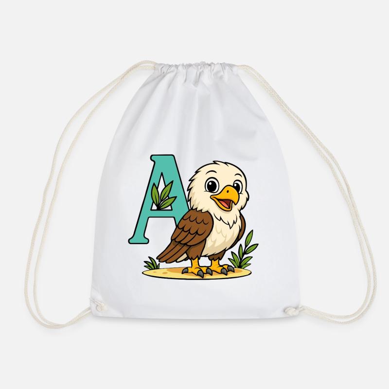 Cute Eagle with Initial A and Foliage - Drawstring Bag - white
