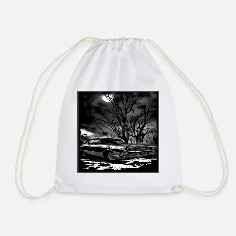 Vintage Classic Car Under Haunted Tree - Drawstring Bag - white