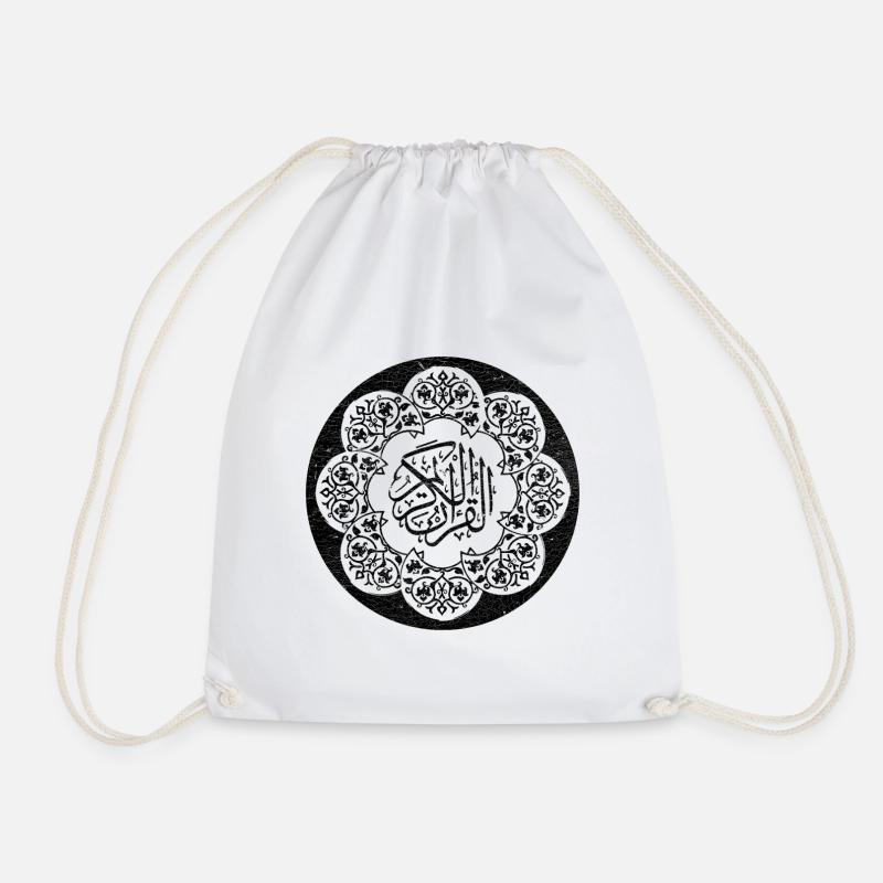 Black circle islamic pattern and calligraphy - Drawstring Bag - white