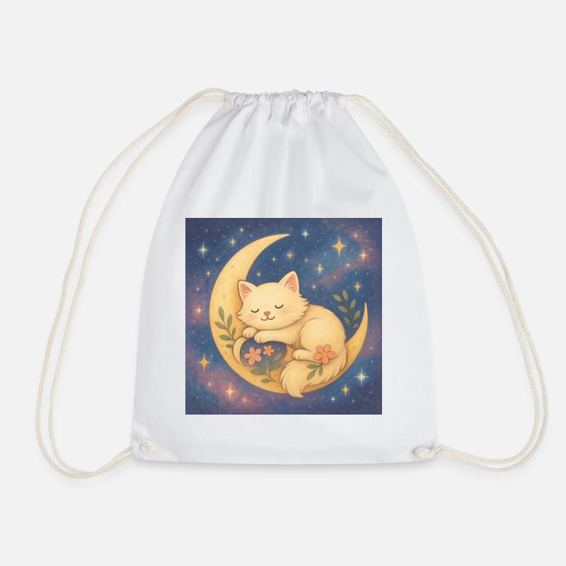 Sleeping cat on moon in starry sky - Drawstring Bag - white