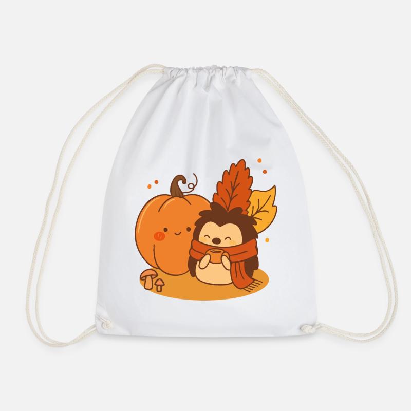 Autumn Snuggles – Hedgehog & Pumpkin Cuties - Drawstring Bag - white