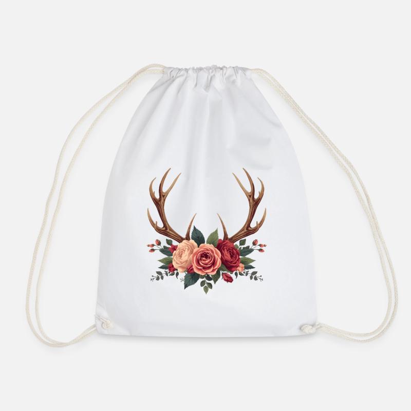 Hirschgeweih & Rosen - Boho Nature Design - Turnbeutel - Weiß