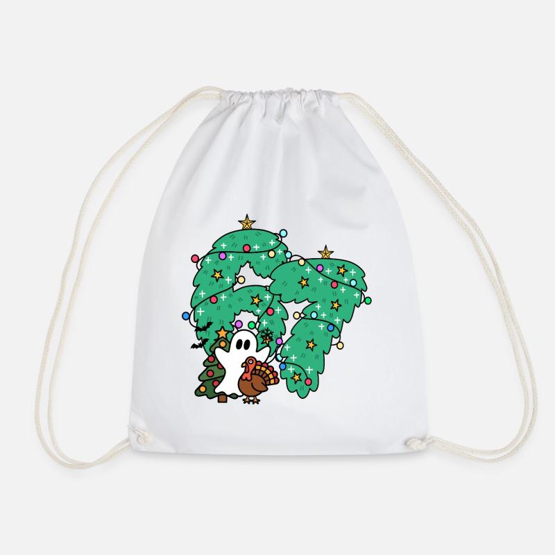 67 number Whimsical Ghost Under Festive Evergreen  - Drawstring Bag - white
