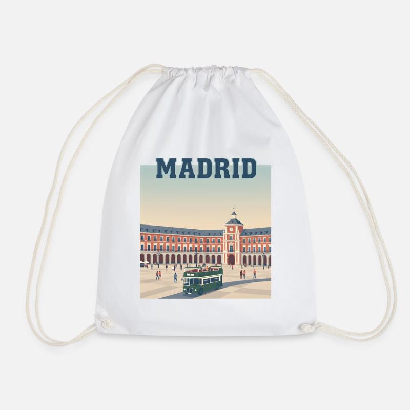 Madrid Plaza Retro Bus Scene - Drawstring Bag - white