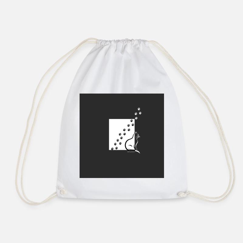 Paw Path Cat Silhouette - Drawstring Bag - white