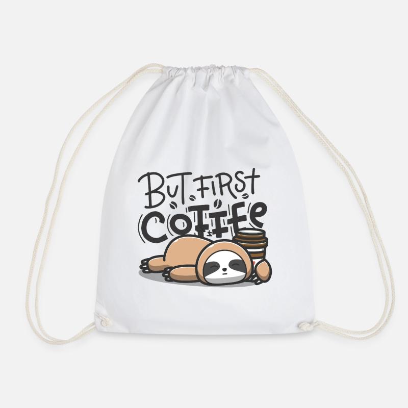 But First Coffee Sleeping Sloth - Drawstring Bag - white