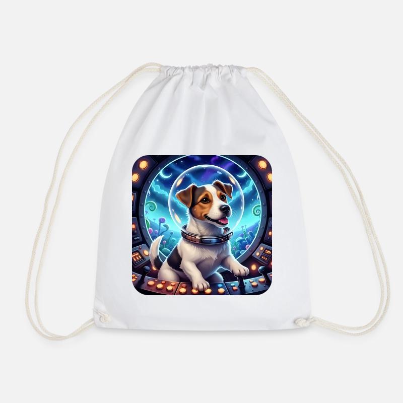 Cosmic Puppy in Space Capsule - Drawstring Bag - white