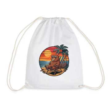 Funny Beaver on Beach Summer Vacation Sunset - Drawstring Bag - white - Front