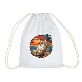 Funny Corgi Dog on Beach Summer Vacation Sunset - Drawstring Bag - white - Front