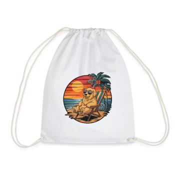 Funny Golden Retriever Dog on Beach Summer Sunset - Drawstring Bag - white - Front