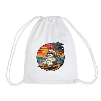 Funny Shih Tzu Dog on Beach Summer Vacation Sunset - Drawstring Bag - white - Front