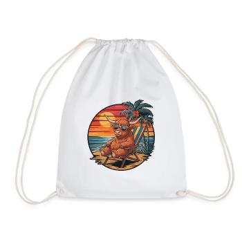 Funny Highland Cow on Beach Summer Vacation Sunset - Drawstring Bag - white - Front