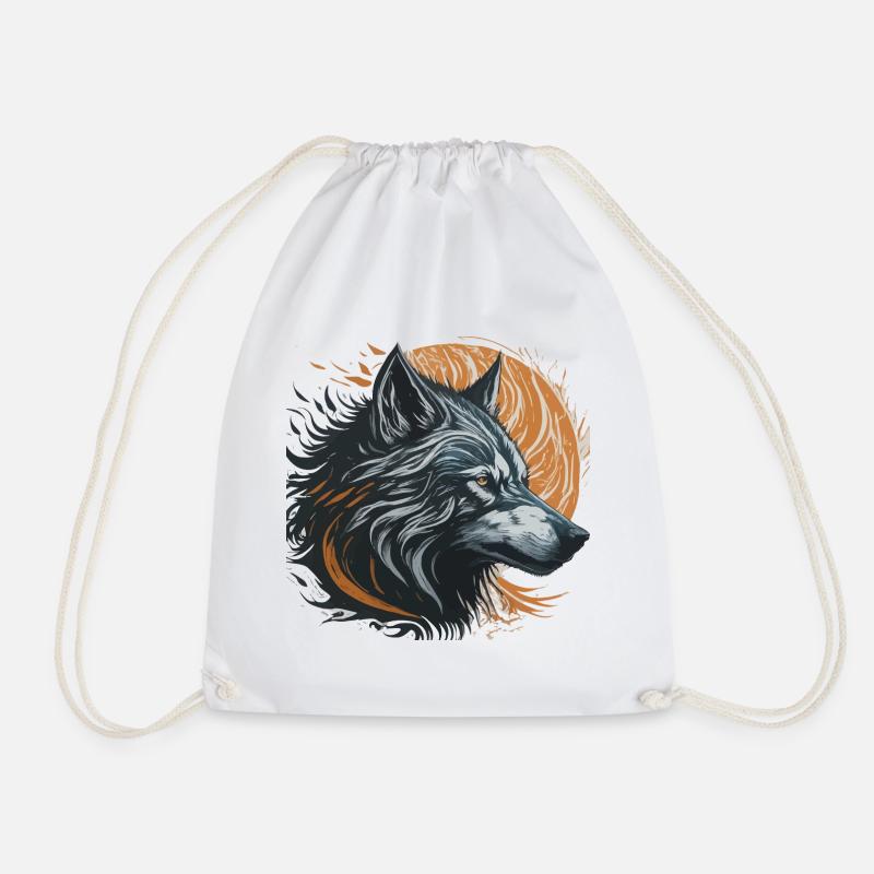 Black Wolf Under Golden Moon - Drawstring Bag - white