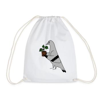 Pigeon with Plant – Minimal urban illustration - Drawstring Bag - white - Front