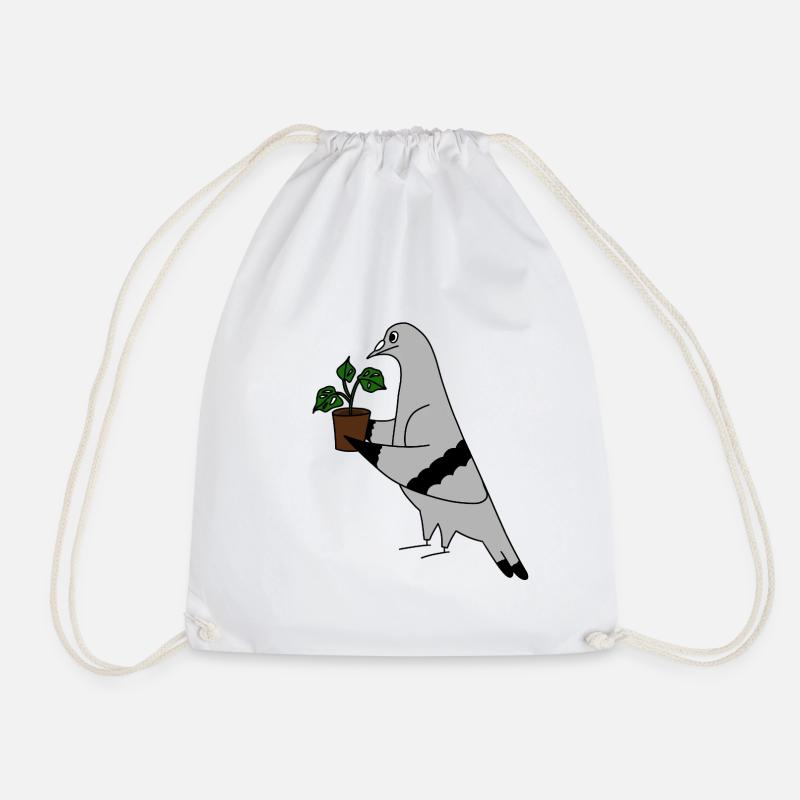 Pigeon with Plant – Minimal urban illustration - Drawstring Bag - white