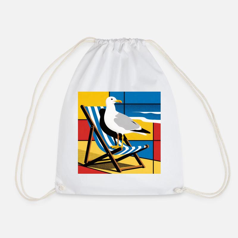 Seagull on Beach Chair Pop Art - Drawstring Bag - white