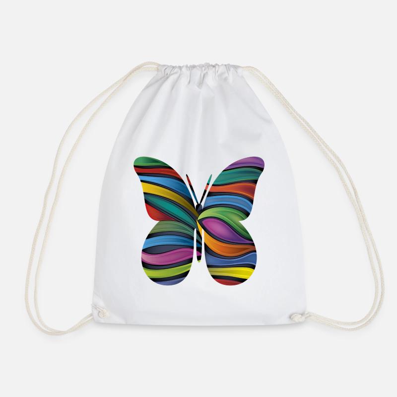 Rainbow Stripe Butterfly - Drawstring Bag - white