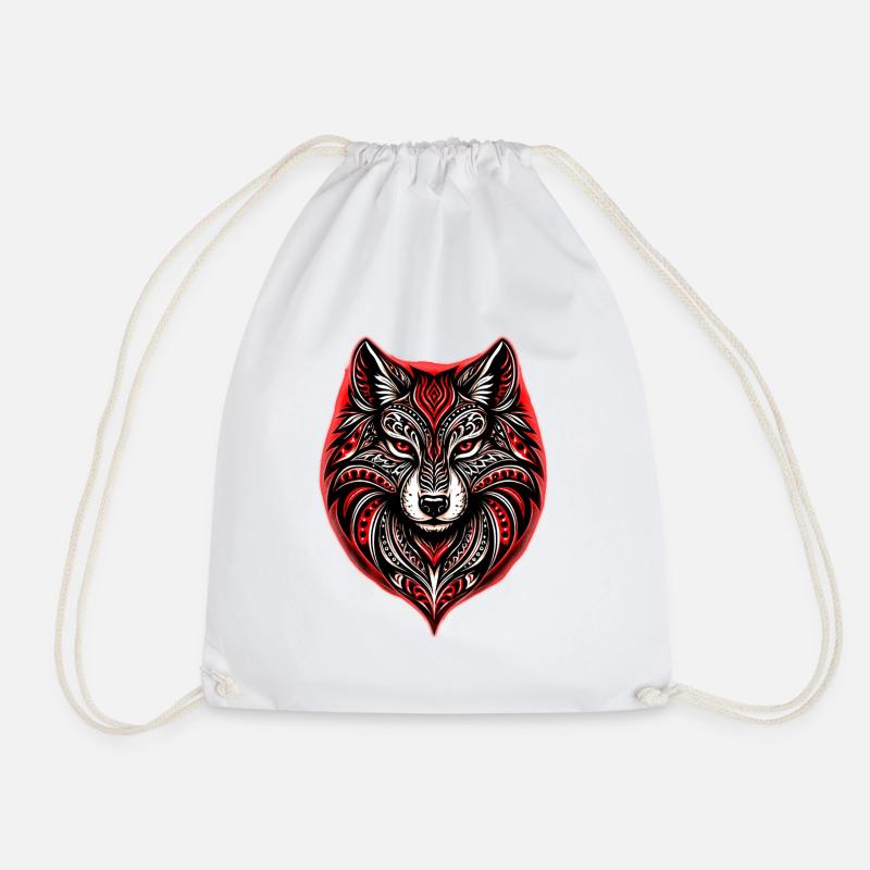 Red and Black Tribal Wolf - Drawstring Bag - white