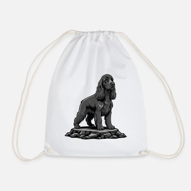 Cocker Spaniel Dog on Rock Black Portrait - Drawstring Bag - white