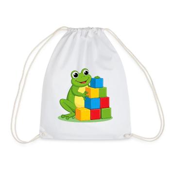Green cartoon frog playing with colorful building blocks - Drawstring Bag - white - Front