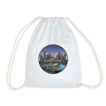 Melbourne City Skyline with Vintage Tram Sticker - Drawstring Bag - white - Front