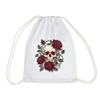 Skull & Roses – Gothic Skull Flower Design - Drawstring Bag - white - Front